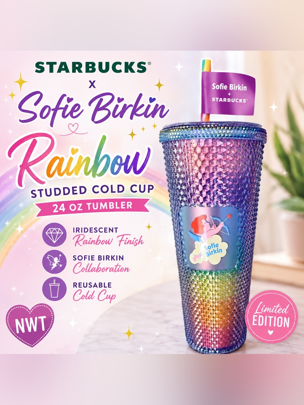 NWT Starbucks x Sofie Birkin 2024 Rainbow Studded Iridescent Cold Cup Tumbler